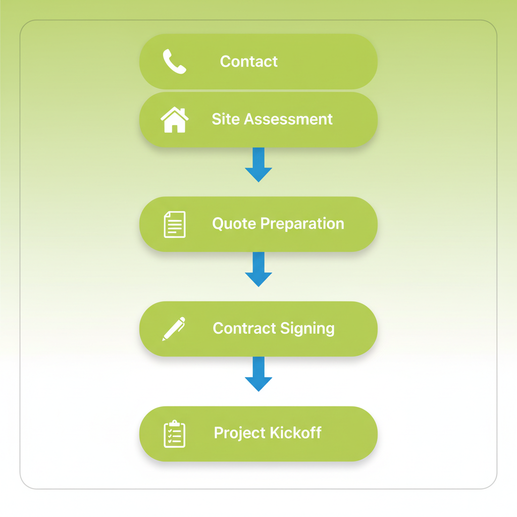 Vertical process flow diagram illustrating five steps to initiate a landscaping project in Langley: contact, assessment, quote, signing, and kickoff with icons and arrows.