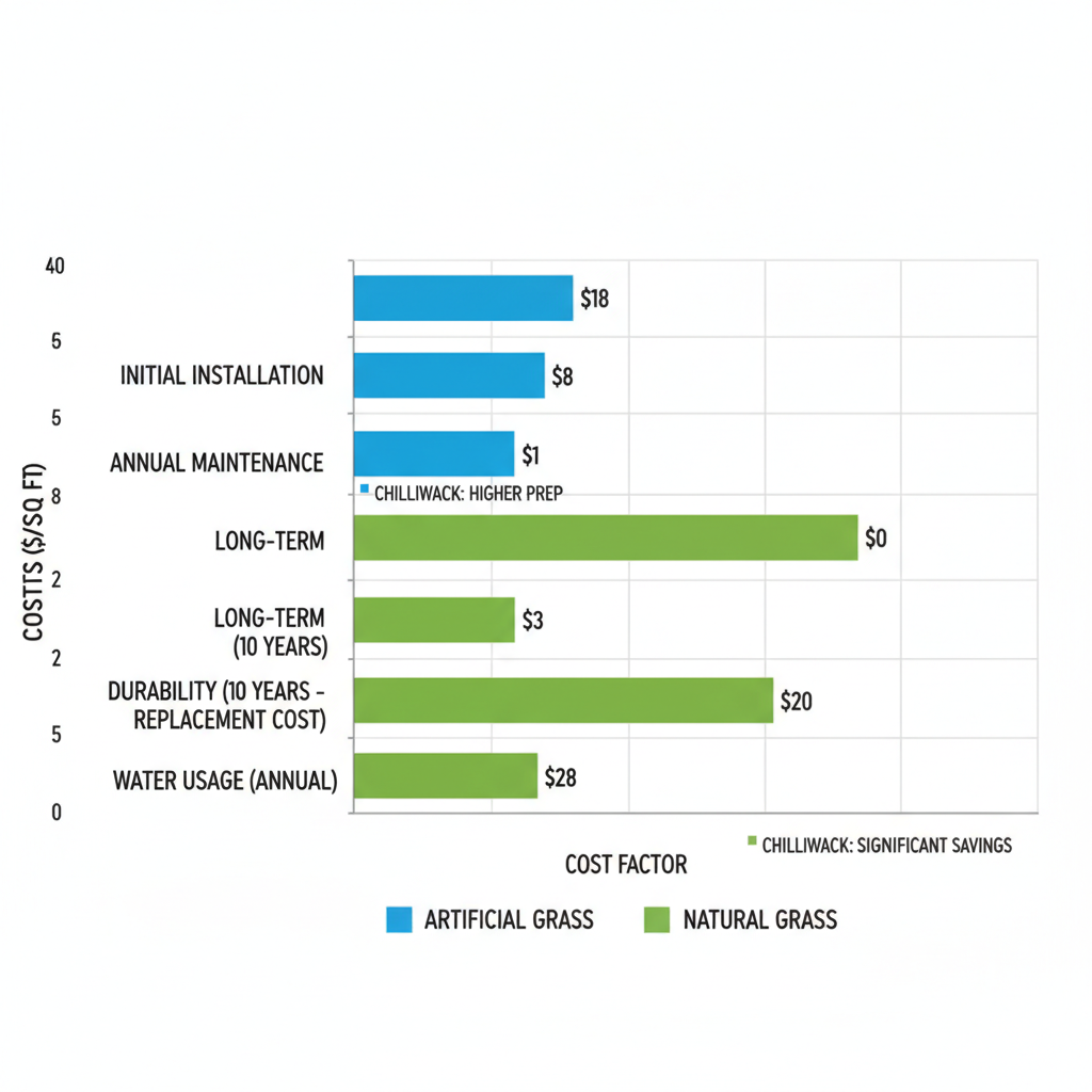 Horizontal bar chart comparing initial installation, annual maintenance, long-term, durability, and water usage costs of artificial versus natural grass in Fraser Valley dollars per square foot.