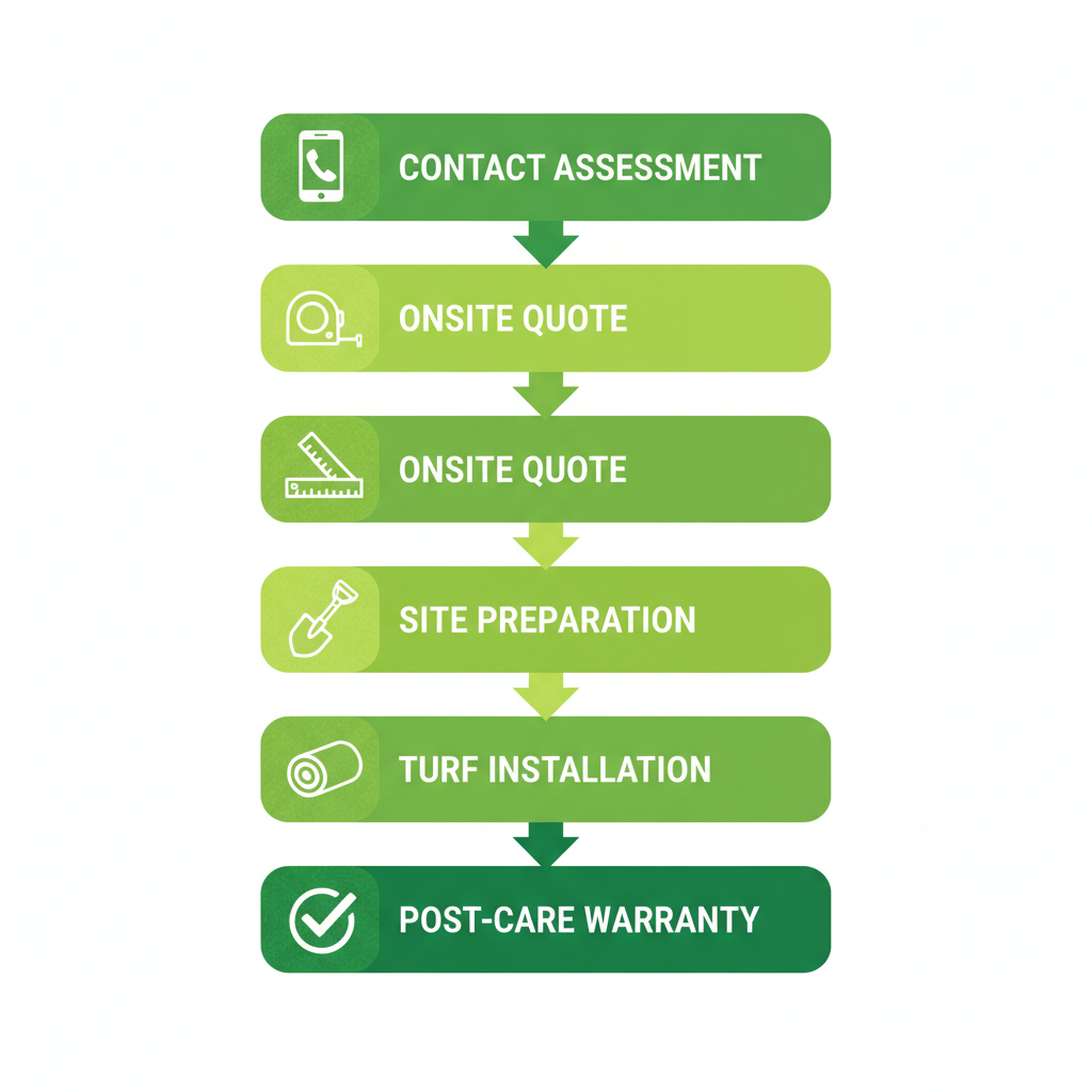 Vertical process flow illustrating five steps for artificial grass installation project