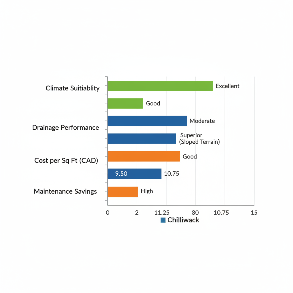 Horizontal bar chart comparing artificial grass benefits in Chilliwack, Langley, and Abbotsford including climate suitability, drainage, cost, and maintenance savings