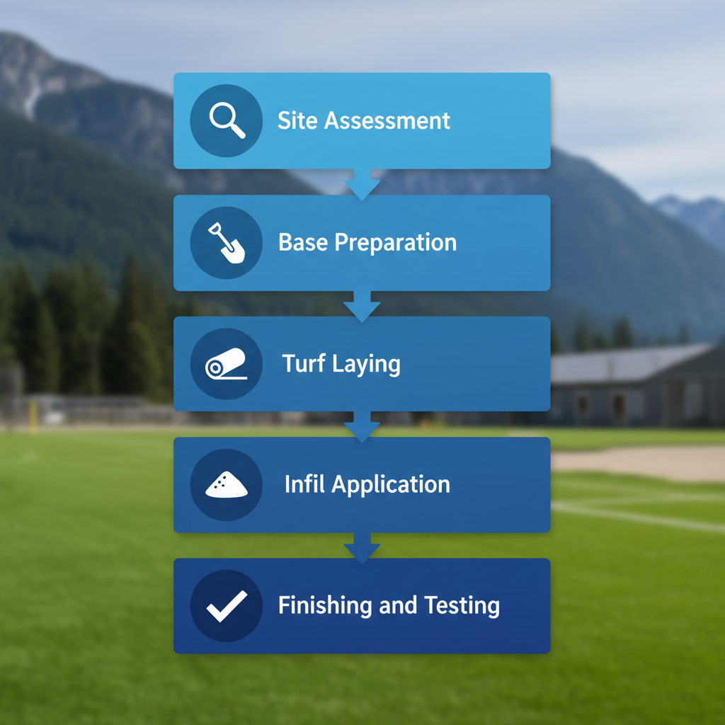 Vertical process flow diagram of artificial grass installation steps in Chilliwack with icons for site assessment, base preparation, turf laying, infill application, and finishing.