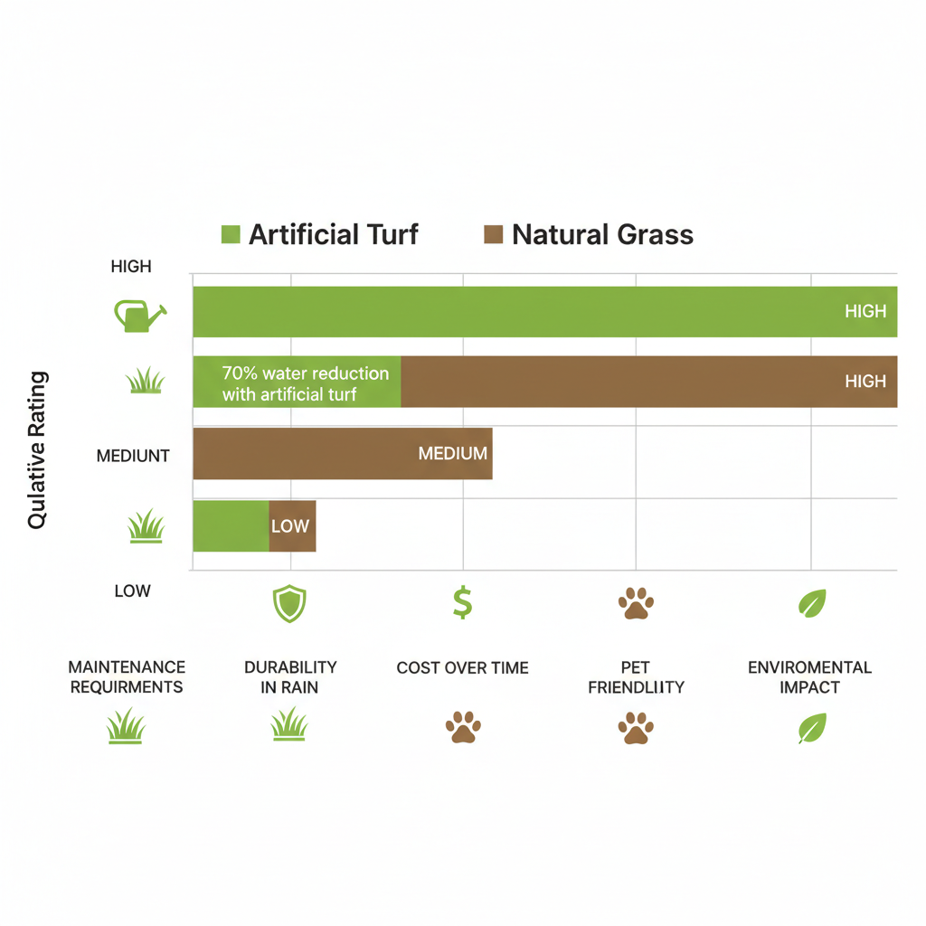 Horizontal bar chart comparing natural and artificial grass in Chilliwack across maintenance, durability, cost, pet friendliness, and environmental impact