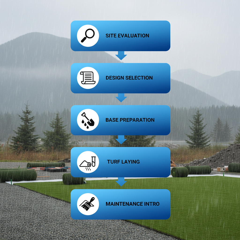 Vertical process flow diagram showing six steps for artificial grass installation in Chilliwack, including site evaluation, design, excavation, laying, infill, and maintenance with icons.