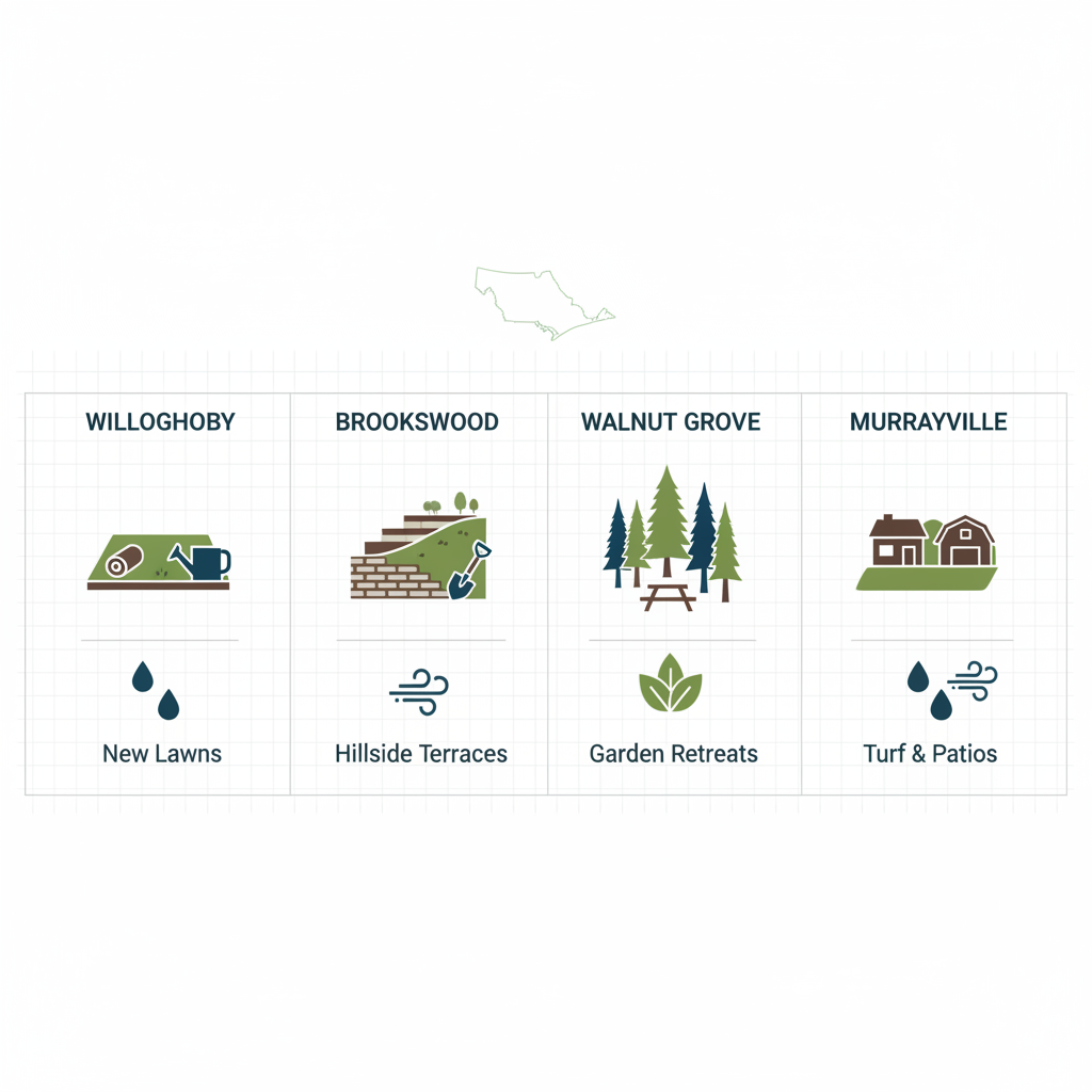 Infographic depicting landscape design potential with icons for terrain, climate, and projects in four Langley neighborhoods: Willoughby, Brookswood, Walnut Grove, and Murrayville.
