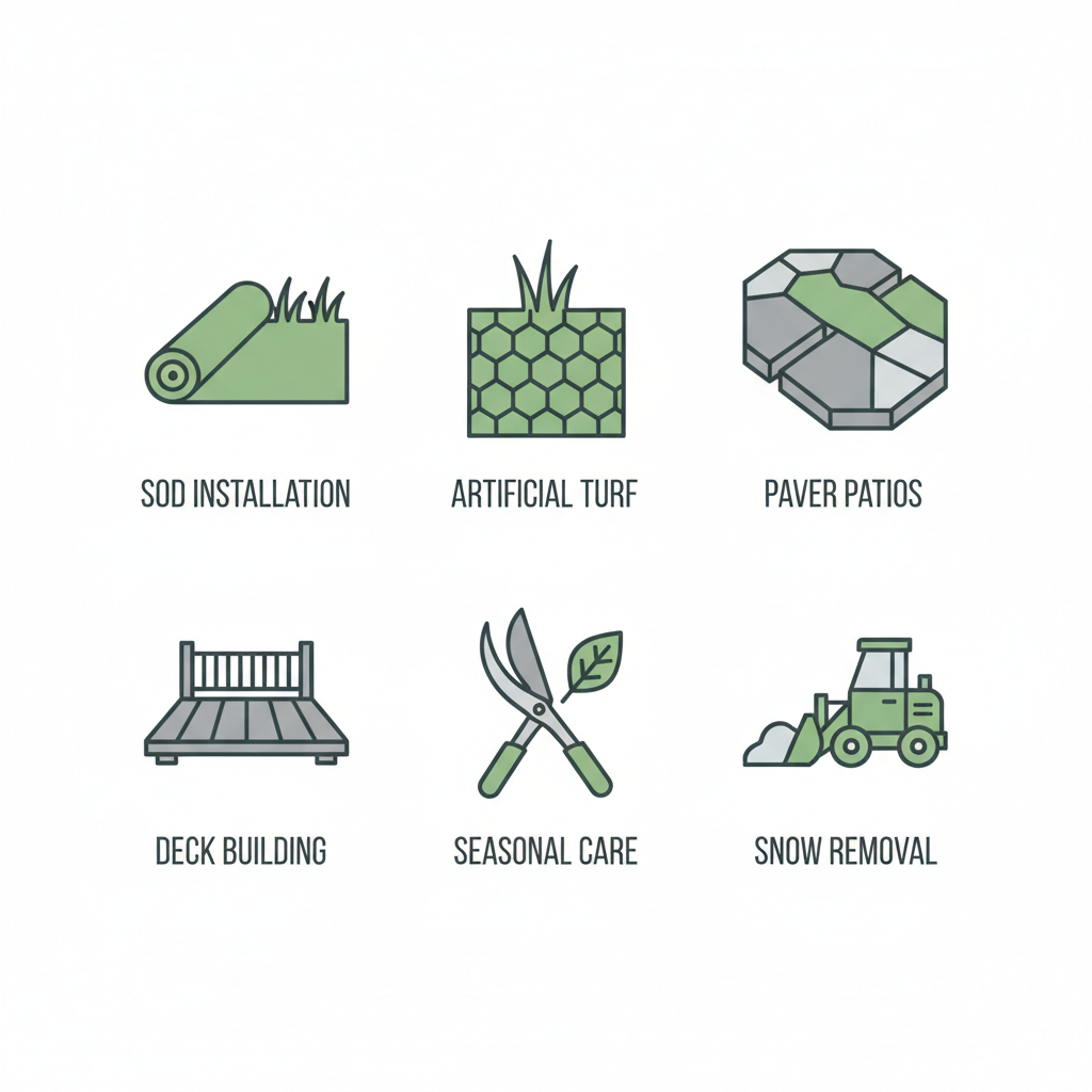 Icons representing key landscape services: sod installation, artificial turf, paver patios, deck building, seasonal maintenance, and snow removal.