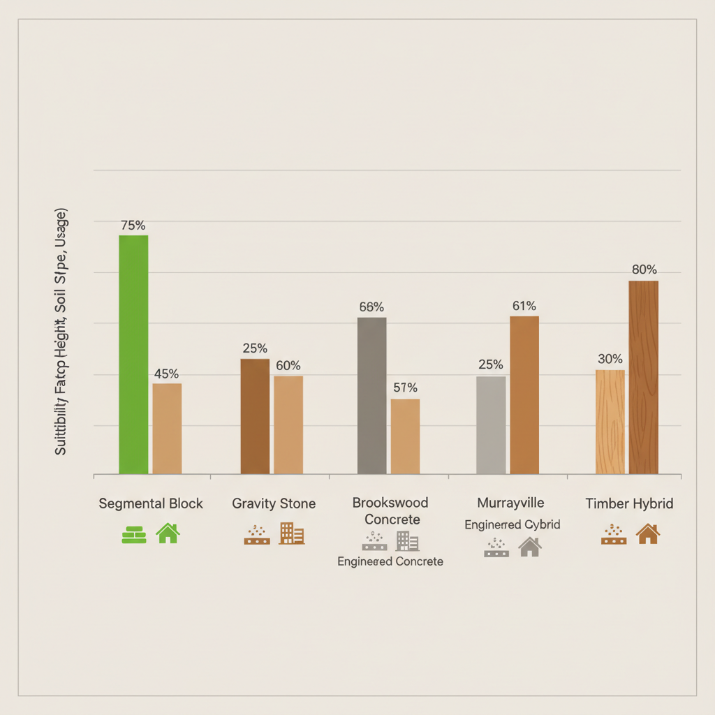 Bar chart visualizing retaining wall suitability by Langley neighborhoods, color-coded by wall type with soil and usage icons.