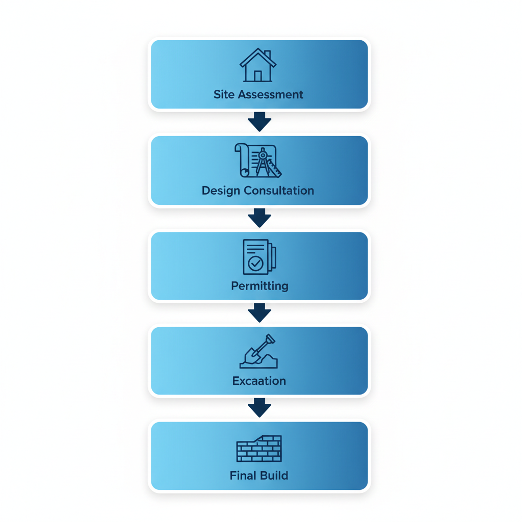 Vertical process flow diagram illustrating five key steps for building a retaining wall in Langley