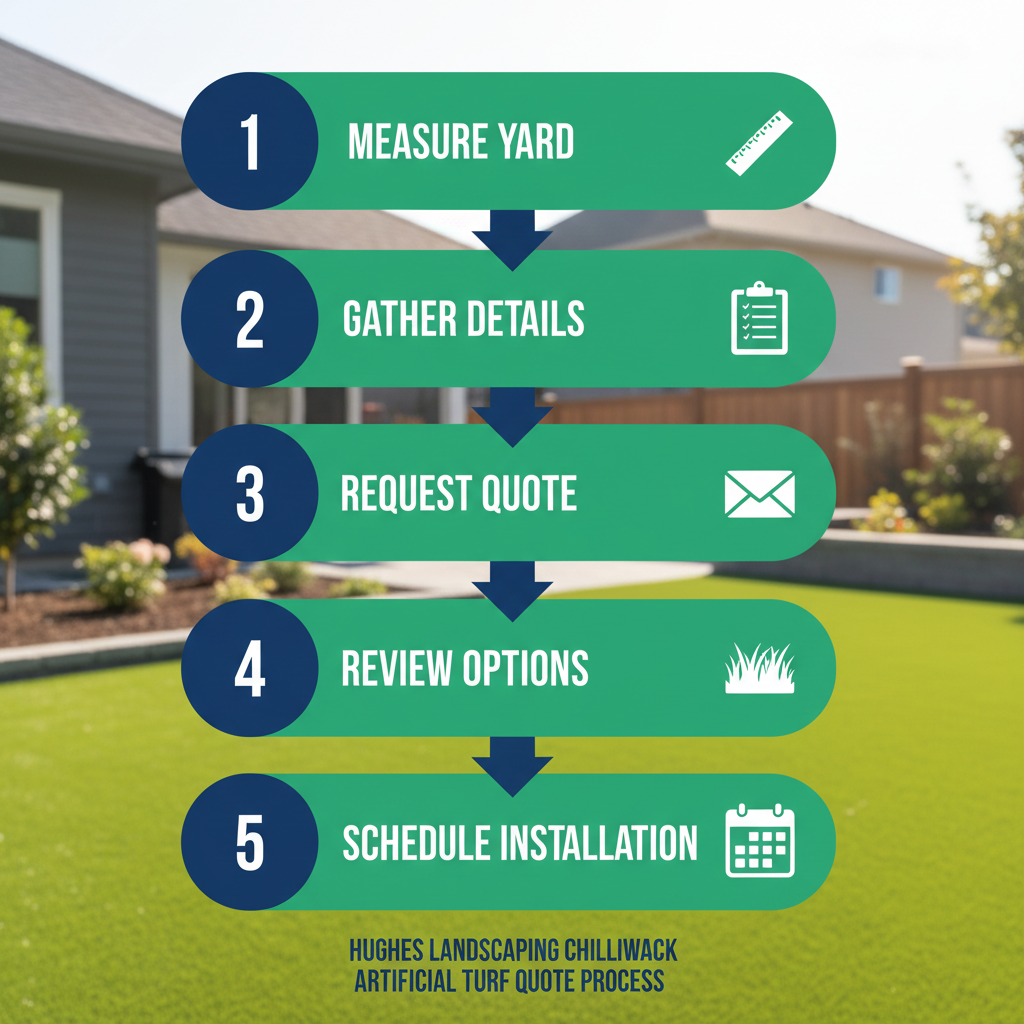 Vertical process flow diagram illustrating five steps to get an artificial turf quote in Chilliwack, featuring icons for measurement, site details, quote request, material review, and scheduling.