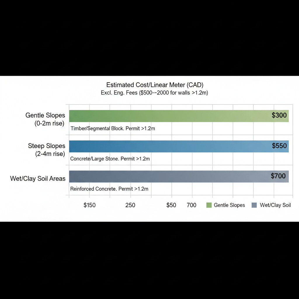 Horizontal bar chart showing retaining wall cost ranges by terrain type in Langley, with bars for gentle slopes in green, steep in blue, and wet areas in gray.