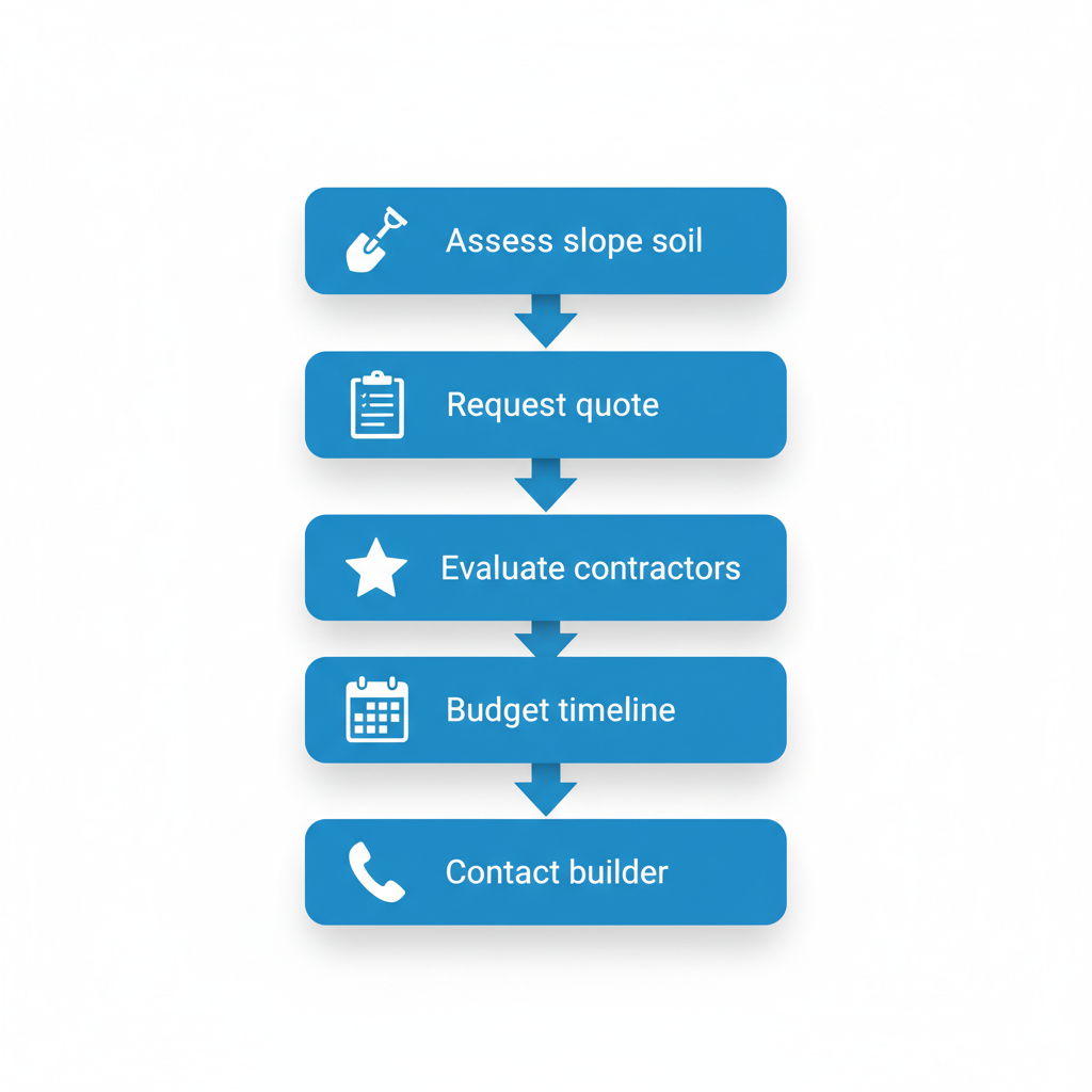 Vertical process flow diagram outlining five steps to start a retaining wall project in Langley with icons for each step
