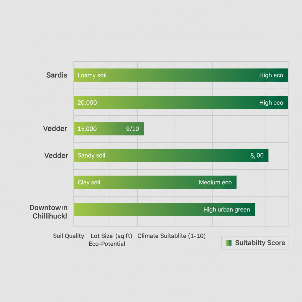 Horizontal bar chart comparing Sardis, Vedder, and Downtown Chilliwack neighborhoods for garden suitability based on soil, lot size, climate, and eco-potential metrics