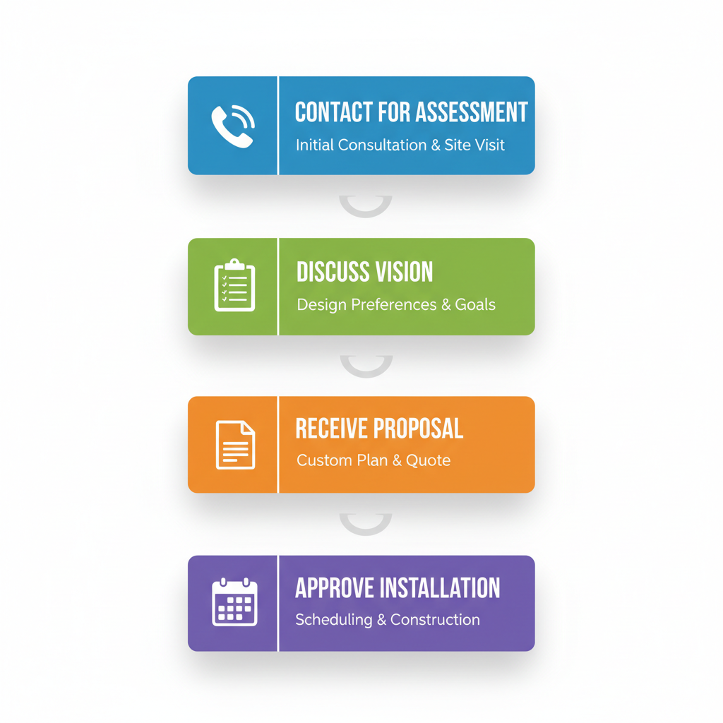 Vertical process flow diagram illustrating four key steps to begin a garden project in Chilliwack: contact, discuss, receive proposal, and approve installation.