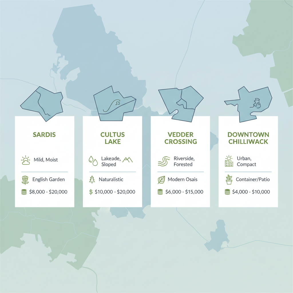 Infographic comparing garden design features, climate suitability, styles, and cost ranges in Chilliwack neighborhoods: Sardis, Cultus Lake, Vedder Crossing, and Downtown Chilliwack