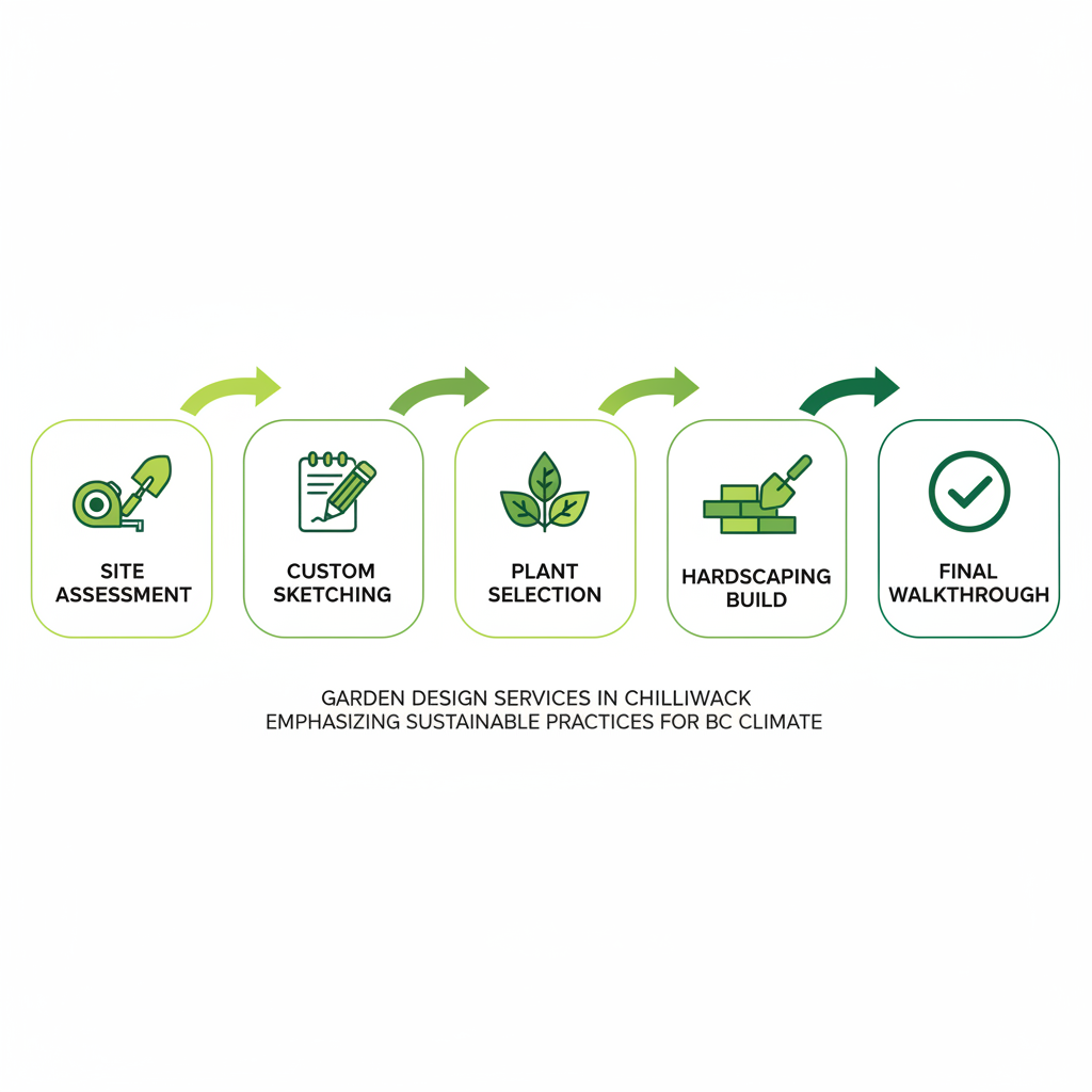 Horizontal process flow diagram showing five steps of garden design services: site assessment, custom sketching, plant selection, hardscaping build, and final walkthrough with icons and green arrows.