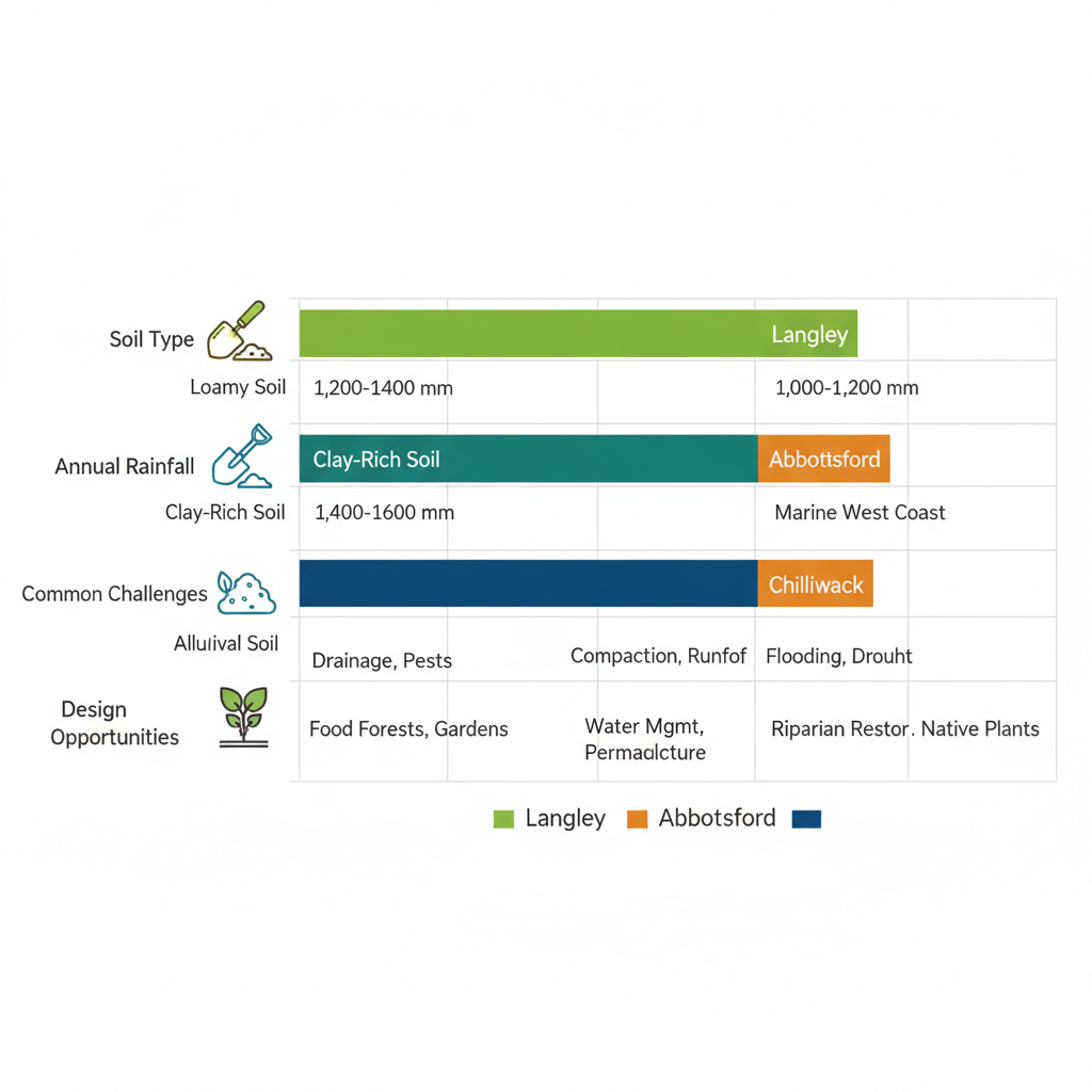 Horizontal bar chart comparing landscape features like soil type and rainfall across Langley, Abbotsford, and Chilliwack in the Fraser Valley
