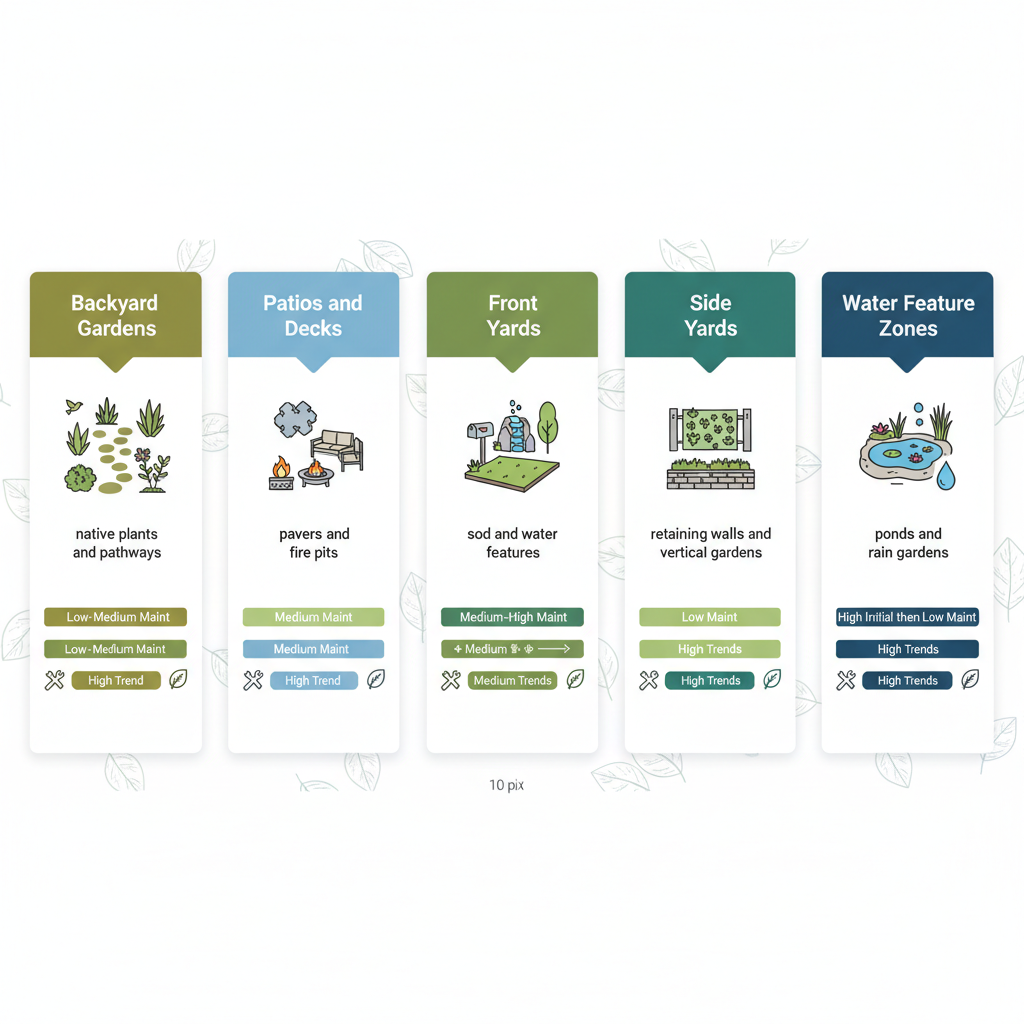 Infographic comparing popular landscape features in Langley including backyard gardens, patios, decks, front yards, side yards, and water features with maintenance and trend levels.