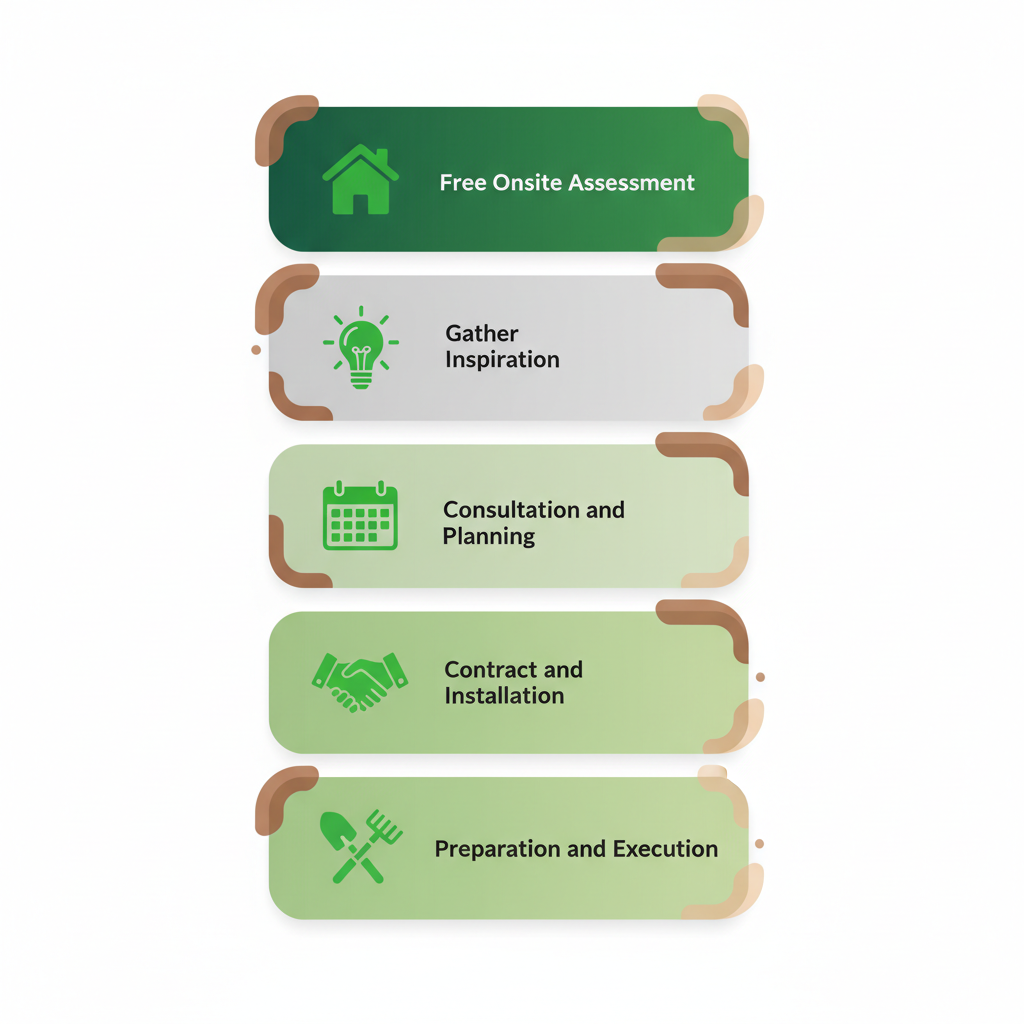 Vertical process flow diagram illustrating five steps to start a Langley garden project: onsite assessment with house icon, inspiration with lightbulb, planning with calendar, contract with handshake, and execution with tools.