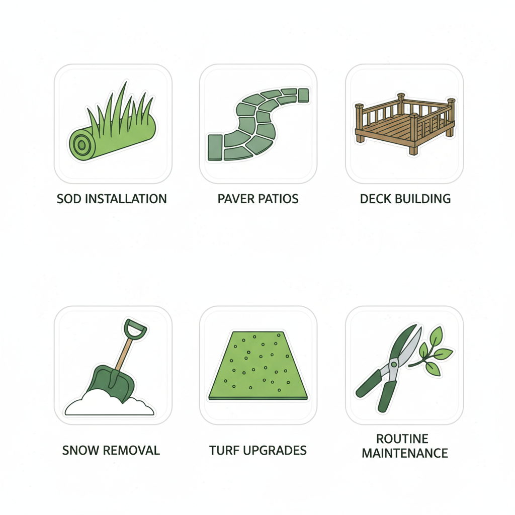 Grid of icons depicting landscaping services including sod installation, paver patios, deck building, snow removal, turf upgrades, and routine maintenance.