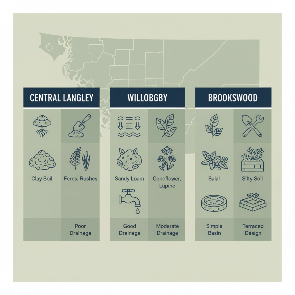 Infographic showing rain garden suitability comparison across Central Langley, Willoughby, and Brookswood with icons for soil, drainage, plants, and notes.
