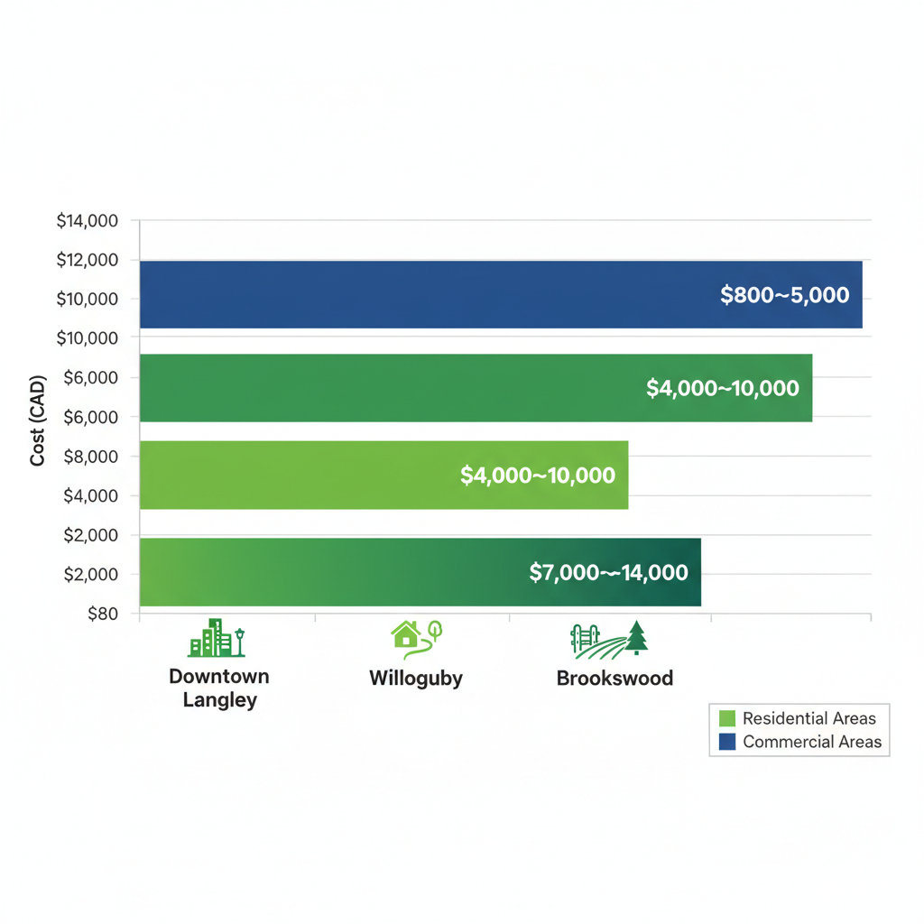 Horizontal bar chart comparing landscape lighting costs in Langley neighborhoods including Downtown Langley, Willoughby, and Brookswood