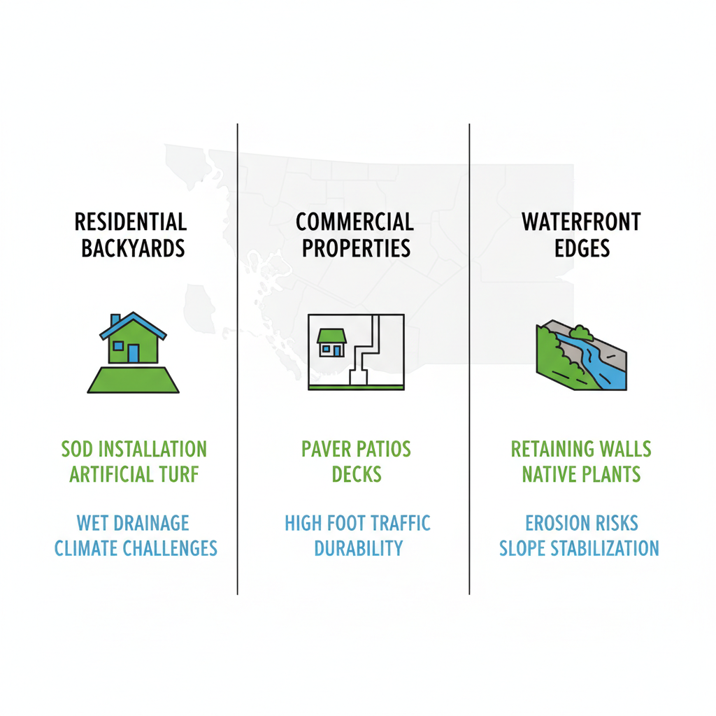 Infographic comparing residential backyards, commercial properties, and waterfront edges for landscaping in Chilliwack, highlighting services and challenges