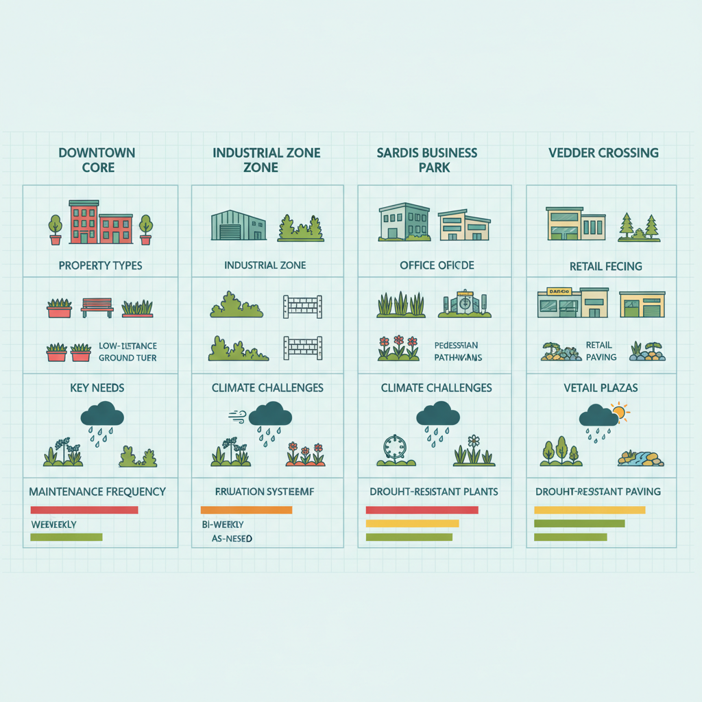 Infographic comparing landscaping needs across Chilliwack commercial districts, featuring property types, key services, climate challenges, and maintenance frequencies.