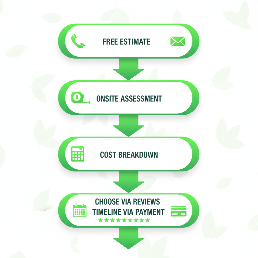 Vertical process flow diagram illustrating five steps to initiate a Chilliwack landscaping project with icons and brief labels.