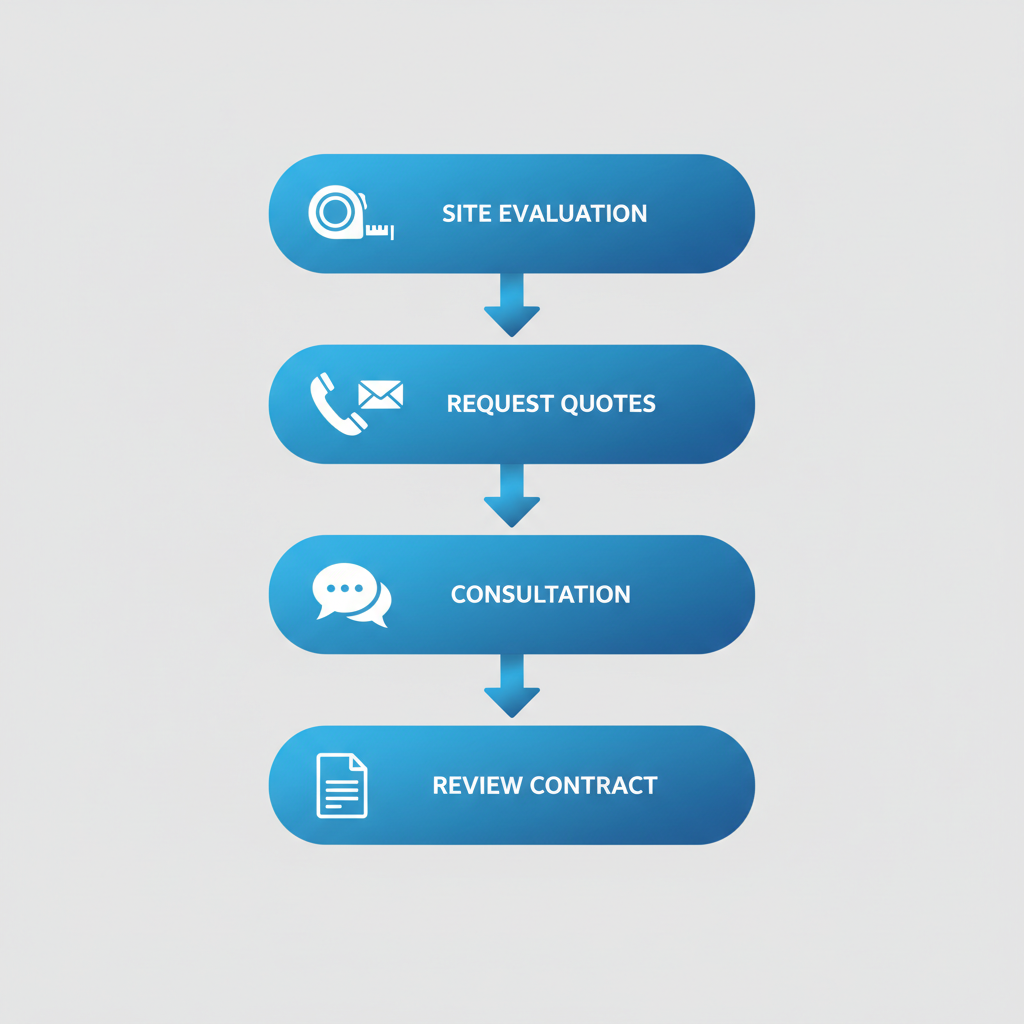 Vertical process flow diagram outlining four key steps to start a landscaping project in Langley, including site evaluation, requesting quotes, consultation, and reviewing contract.