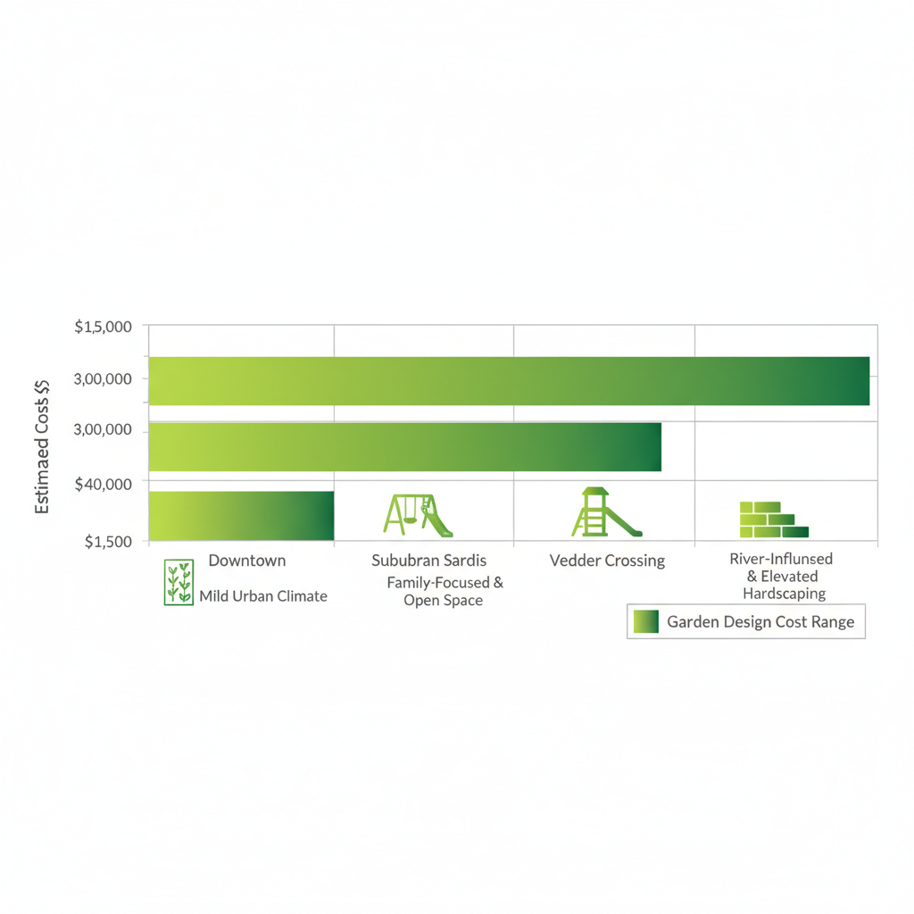Horizontal bar chart comparing garden design costs and features across Chilliwack neighborhoods: Downtown, Suburban Sardis, and Vedder Crossing.