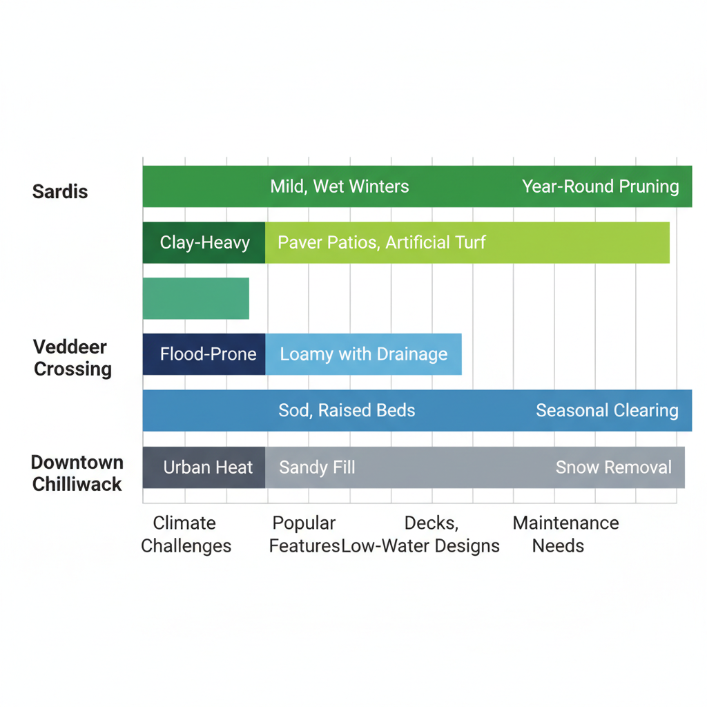 Horizontal bar chart comparing landscaping needs across Chilliwack neighborhoods: Sardis, Vedder Crossing, and Downtown.