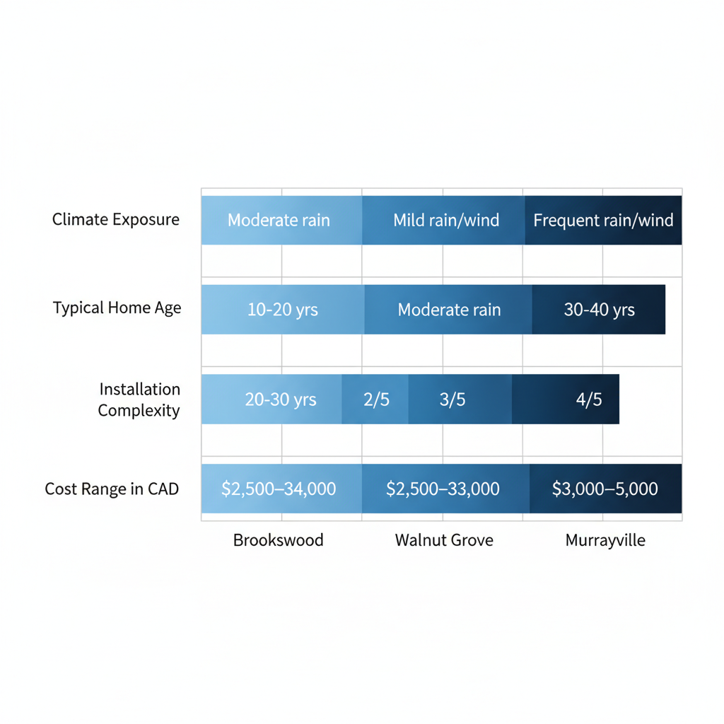 Horizontal bar chart comparing four Langley neighborhoods for patio door installation suitability based on climate, home age, complexity, and cost