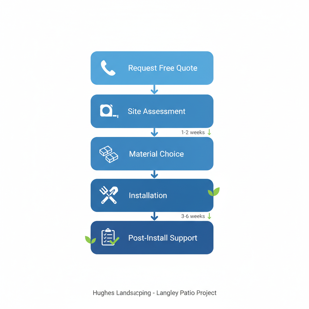 Vertical process flow diagram illustrating five steps to launch a patio project in Langley: request quote, site assessment, material choice, installation, and post-install support.