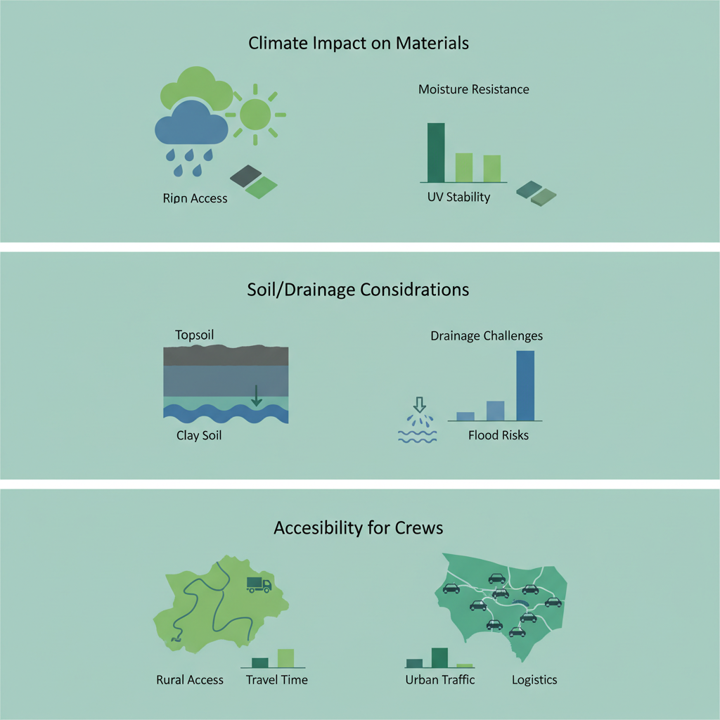 Infographic comparing installation challenges for patios and decks in Fraser Valley regions: climate, soil drainage, and crew accessibility factors