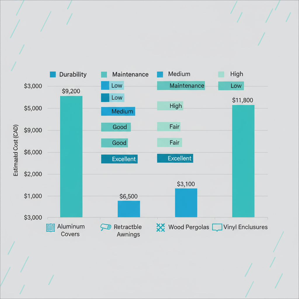 Bar chart comparing patio cover types by cost, durability, and maintenance in Chilliwack's wet climate