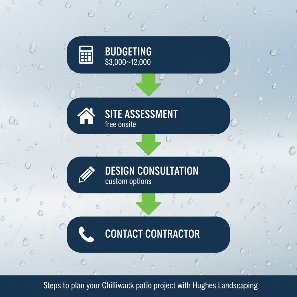 Vertical process flow illustrating four key steps for planning a Chilliwack patio project: budgeting, site assessment, design consultation, and contacting the contractor.