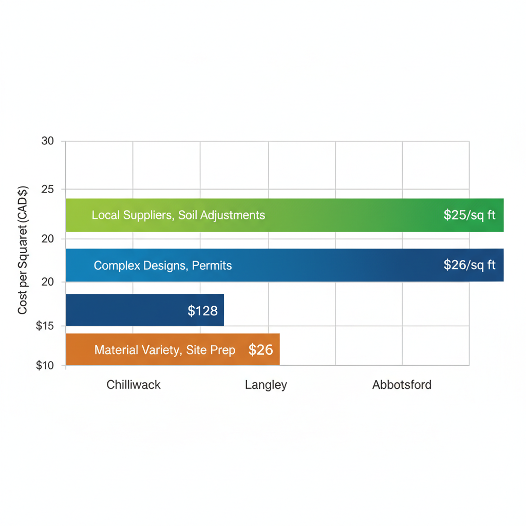 Horizontal bar chart comparing average paver patio installation costs per square foot in CAD across Fraser Valley: Chilliwack $15-25 green, Langley $18-28 blue, Abbotsford $16-26 orange, with factors like suppliers and soil.
