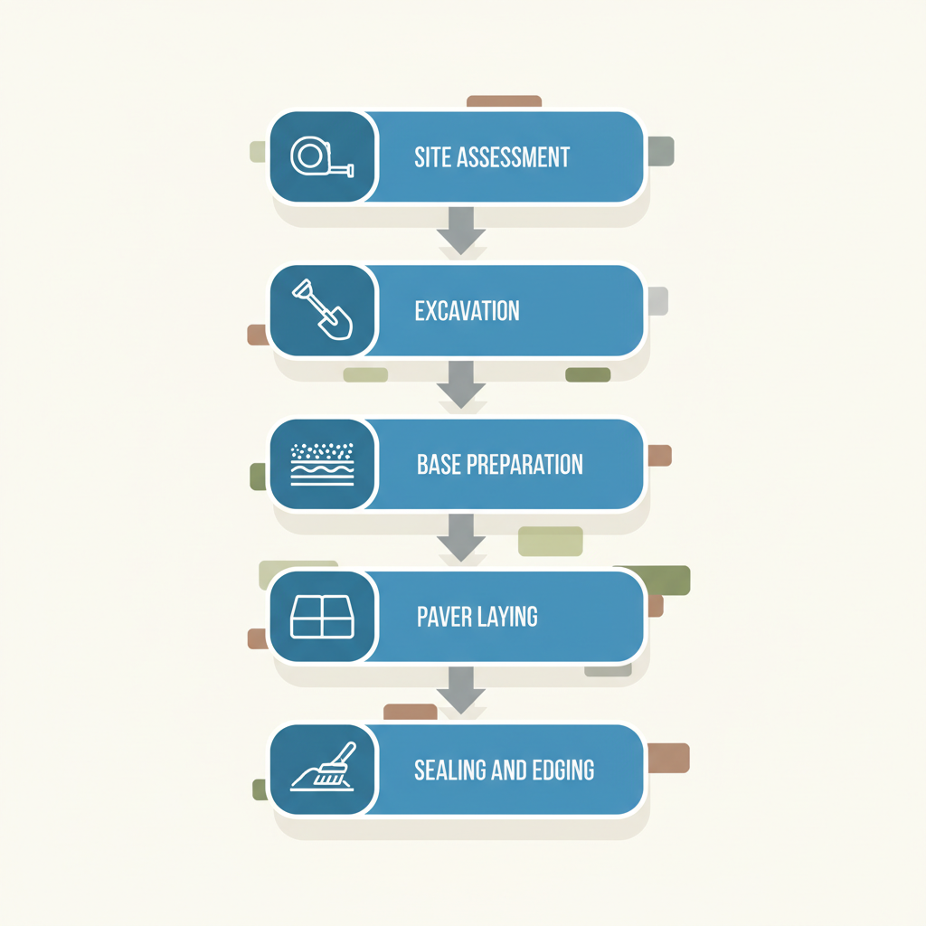 Vertical process flow diagram showing five stages of paver patio installation with icons and labels