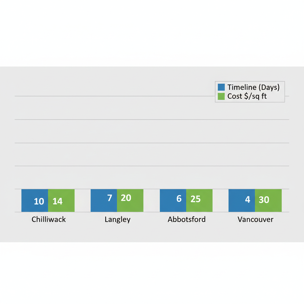 Bar chart comparing average timelines and costs for paver projects in Chilliwack, Langley, Abbotsford, and Vancouver areas