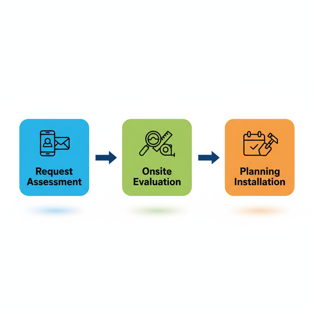 Horizontal process flow diagram showing three stages to start a paver project: request assessment, onsite evaluation, and planning installation