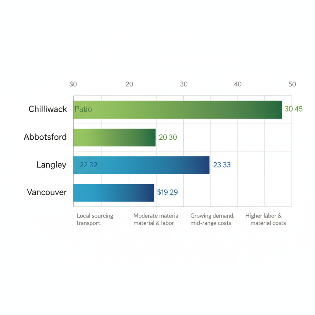Horizontal bar chart comparing paver installation costs for patios and driveways across Fraser Valley areas including Chilliwack, Abbotsford, Langley, and Vancouver.