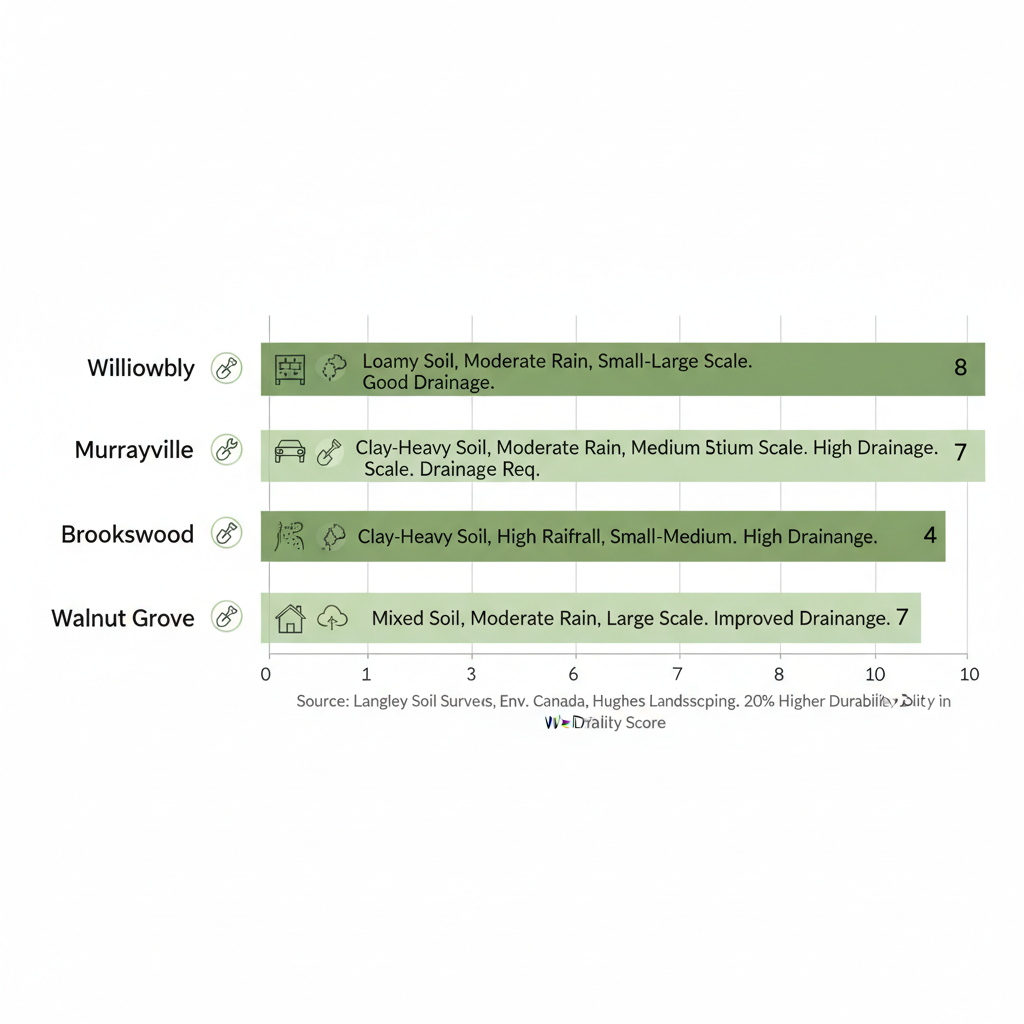 Horizontal bar chart comparing paver installation suitability in Willoughby, Murrayville, Brookswood, and Walnut Grove neighborhoods of Langley, based on soil stability, climate exposure, and project scale.