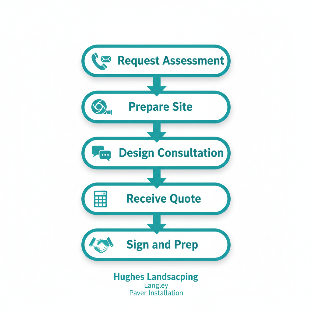 Vertical process flow diagram showing five steps to begin paver installation in Langley