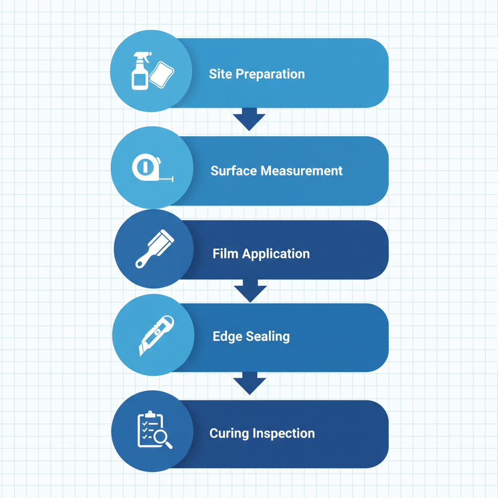 Vertical process flow diagram showing five steps of bullet resistant window film installation with icons and labels