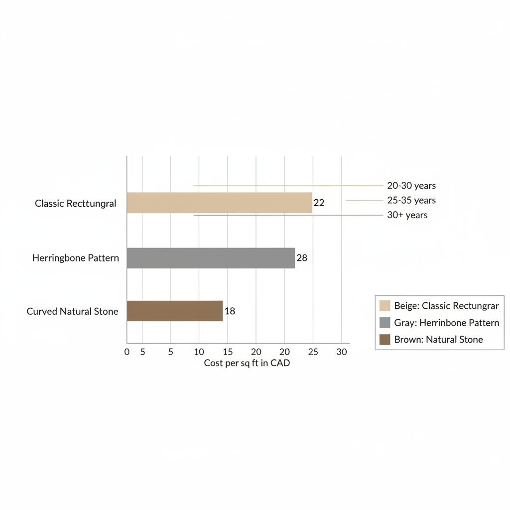 Horizontal bar chart comparing costs and durability of popular paver patio styles in Langley: Classic Rectangular in beige, Herringbone Pattern in gray, Curved Natural Stone in brown