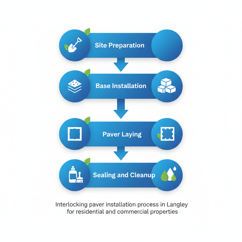 Vertical process flow diagram illustrating the interlocking paver installation steps in Langley with icons and brief labels