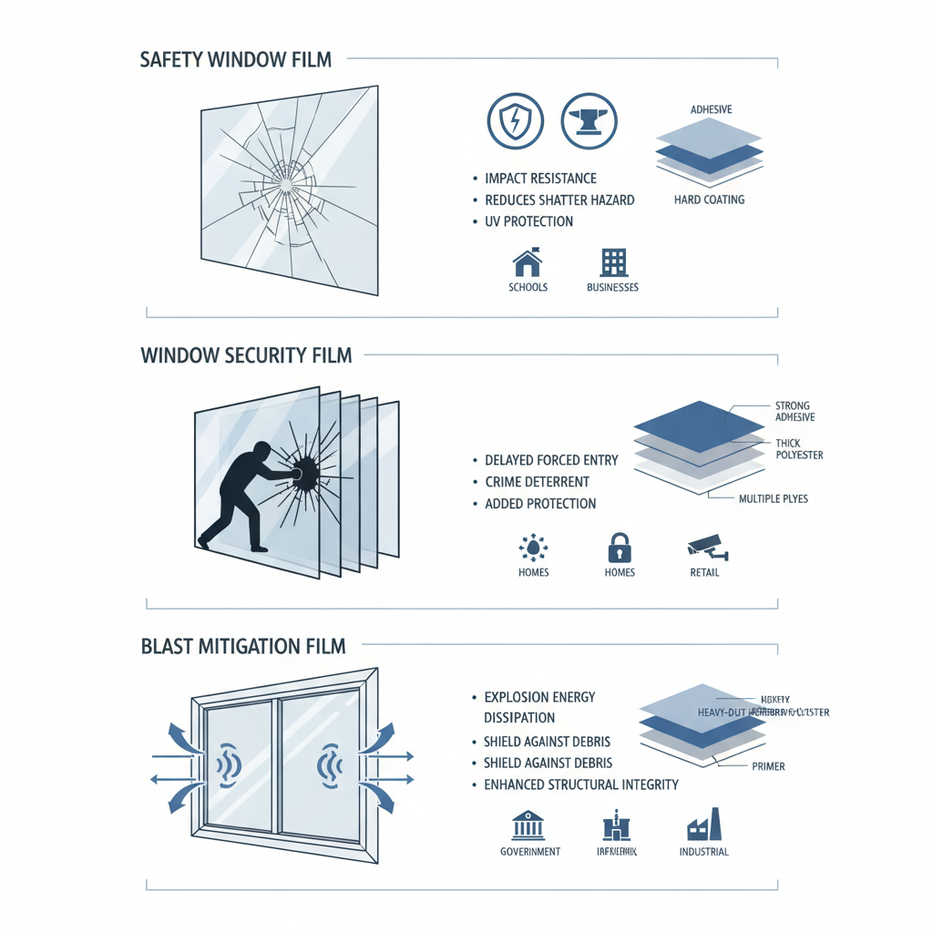 Infographic depicting three types of safety window films with diagrams, benefits, and application icons for security and protection.
