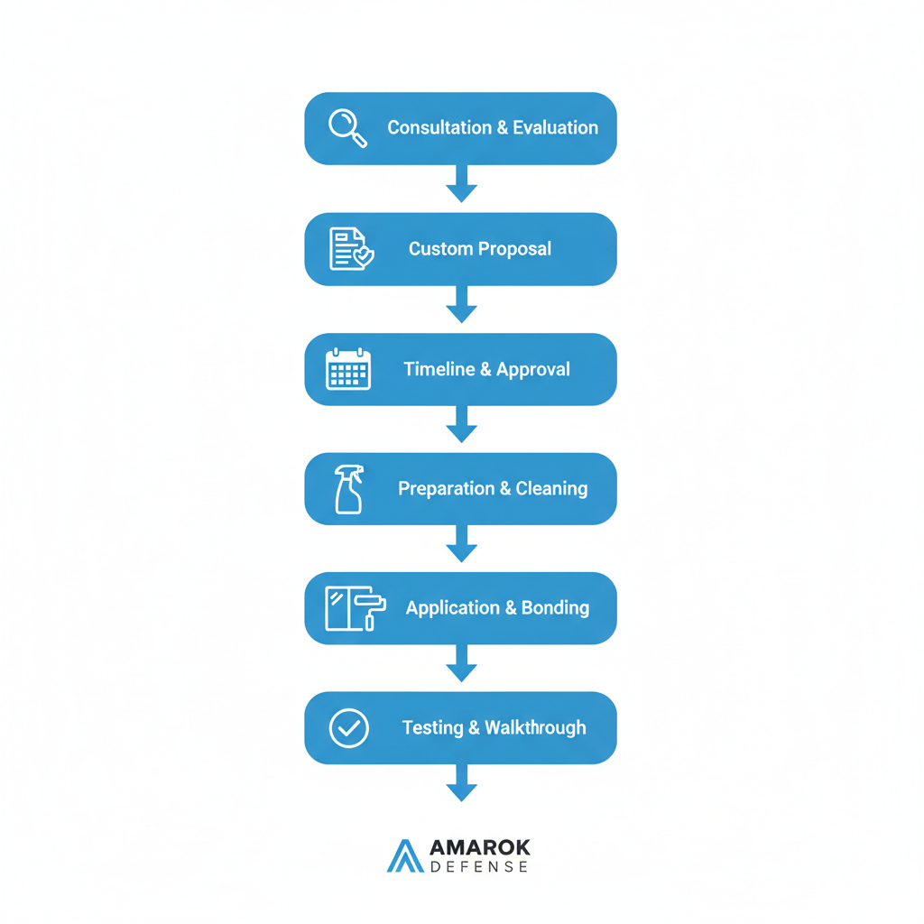 Vertical process flow diagram showing the six-step professional installation process for safety window film.