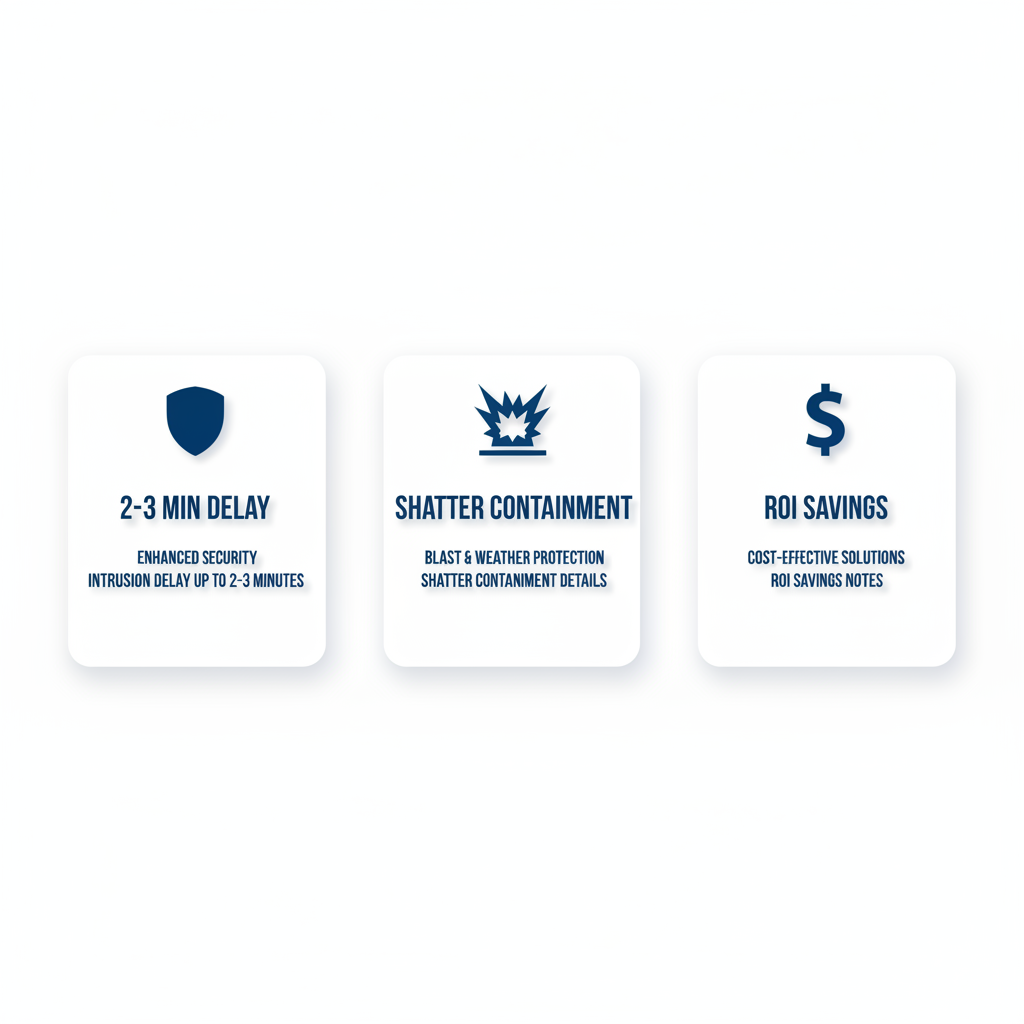 Infographic illustrating benefits of anti-shatter window film including security enhancement, blast protection, and cost savings