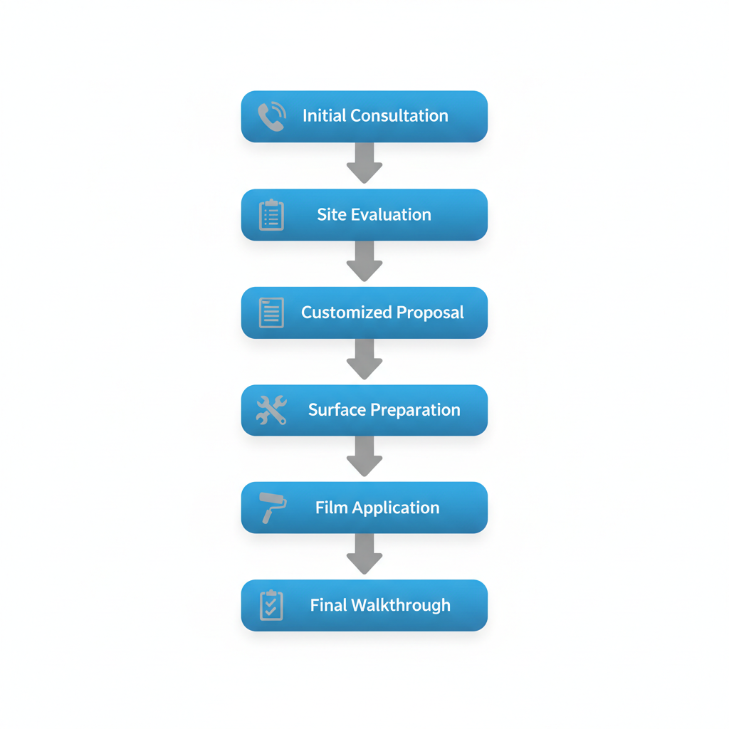 Vertical process flow diagram illustrating the six steps of professional anti-shatter window film installation, including consultation, evaluation, and application.