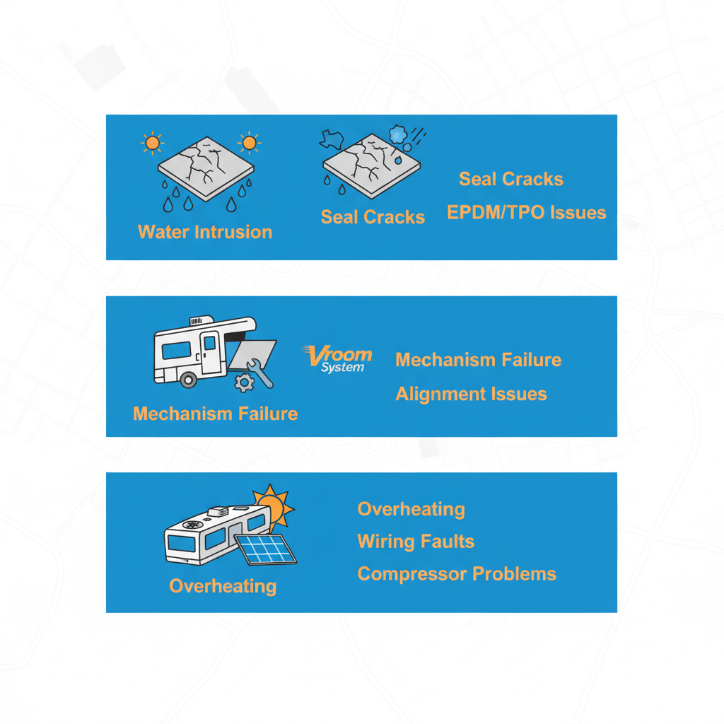 Infographic depicting common RV repair needs in Denton Texas with roof seal slide and AC issues